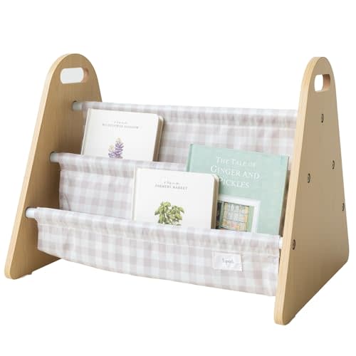 3 Sprouts Double Sided Baby Bookshelf, Portable, Gingham Beige | Portable book shelf, Toddler book storage, Nursery or kids rooms, Small book organizer, Front-facing book display, Portable