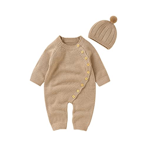 Pivanzore Newborn Infant Baby Boy Girl Footie Romper Waffle Knit Side Button Jumpsuit Sweater Coverall Jumpsuits with Hat Set