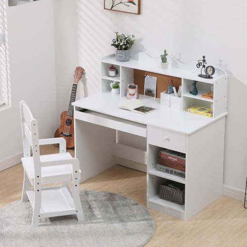 Twister.CK Kids Desk and Chair Set, Wooden Study Table with Storage, Bulletin Board, Keyboard Stand, Pen Holder, White
