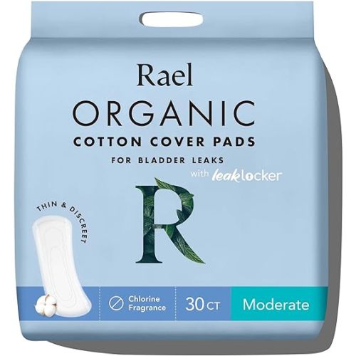 Rael Incontinence Pads for Women, Organic Cotton Cover - Postpartum Essential, Heavy Absorbency, Bladder Leak Control, 4 Layer Core with Leak Guard Technology, Long Length (Moderate, 30 Count) - 30 Count (Pack of 1)