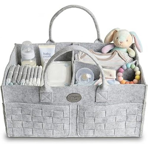 Baby Diaper Caddy Organizer for Nursery – Large Felt Storage Basket for Baby Essentials, Wipes & Diapers – Portable Nursery Organizer Bin for Changing Table or Living Room Light Grey