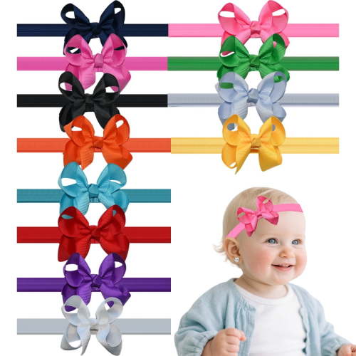 JoyBowie 12-pack 11-inch bow headbands, suitable for infants and toddlers, for everyday wear, available in multiple colors.