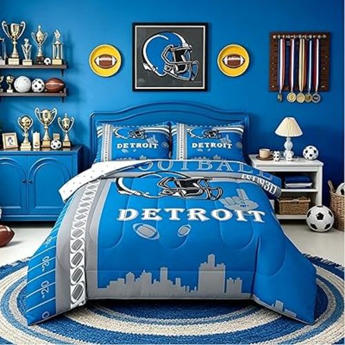 Feelyou Football Bedding Set Boys Girls Twin Size Women Men Rugby Sports Detroit Comforter Football City Duvet Quilt Gray Blue Room Decor