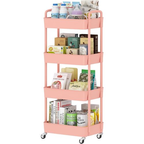 Sywhitta 4-Tier Plastic Rolling Utility Cart with Handle, Multi-Functional Storage Trolley for Office, Living Room, Kitchen, Movable Storage Organizer with Wheels, Pink