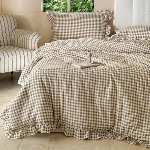 Tan Gingham Ruffle King Comforter Set, Taupe Ruffled Plaid Bedding Set, Ruffled Checked Bed Comforter 3 Pieces(Tan Gingham, King)
