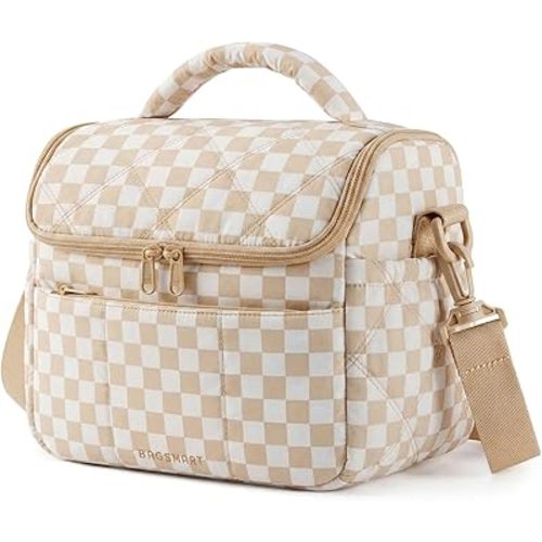 BAGSMART Insulated Lunch Bags for Women, Cute Quilted Lunch Box, Lightweight Puffy Padded Waterproof Lunch Tote, Reusable Lunch Cooler for Work Picnic Travel, Brown Checkerboard