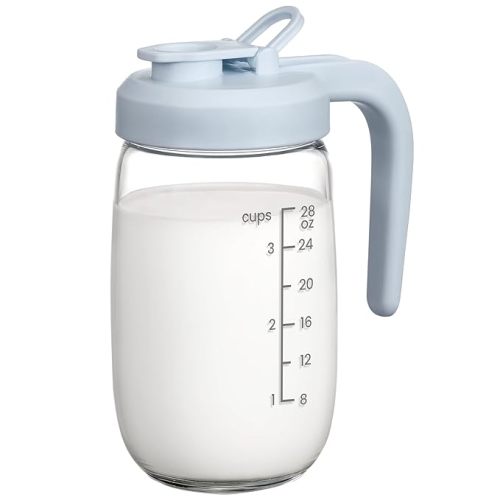 Breast Milk Pitcher 32 OZ, Heat & Cold Resistant, Sudden Temperature Safe, Fast Baby Formula Maker with Wide Mouth, No Leak Borosilicate Glass Fridge Storage Container for Juice, Cold Brew-Blue
