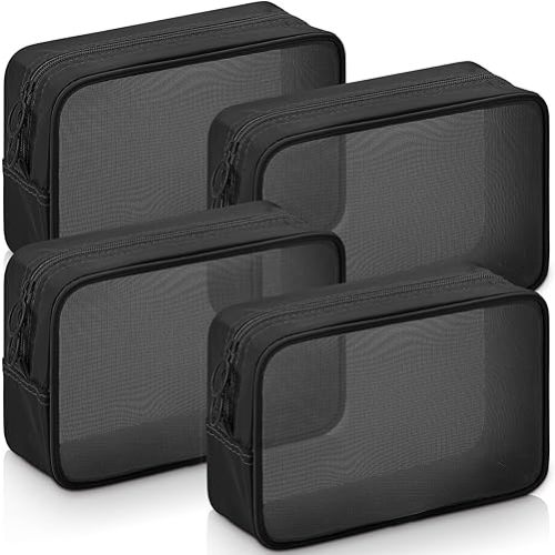 Weewooday 4 Pcs Mesh Makeup Bag Mesh Cosmetic Bag Toiletry Pouch with Zipper Mini Makeup Cosmetic Purse for Daily Accessory(Large,Black)