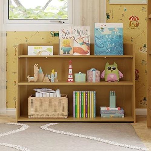 Babyletto Melo Montessori 3 Shelf Bookcase - GREENGUARD Gold Wood Bookshelf - Easy Assembly Book Case w/Wide Open Storage Shelves - Modern Wooden Book Shelf for Living Room, Bedroom, Office - Honey