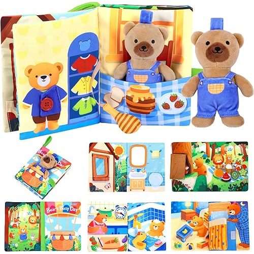 Esjay Busy Book for Toddlers 1-3, Bear Busy Board Montessori Toys, Learning Activities Fine Motor Skills Book, Birthday Gifts 1 2 3 4 Year Old Toddler Baby Girls Boys, Travel Toy for Airplane Car