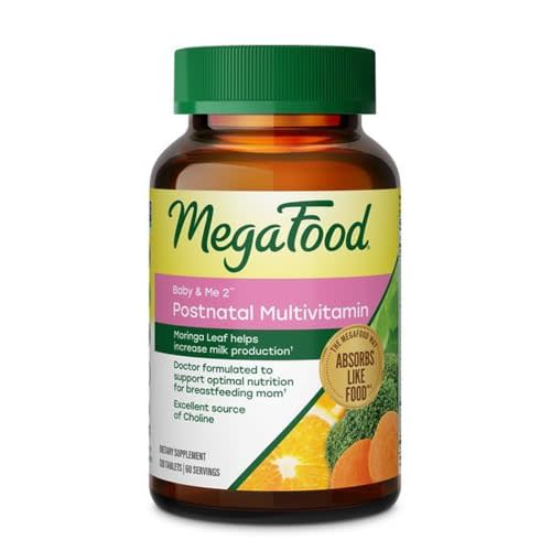 MegaFood Baby & Me 2 Postnatal Vitamins for Women with Moringa, 120 Tablets | Doctor Formulated, Supports Optimal Nutrition for Breastfeeding Mom, with Methylfolate, Choline, Vegetarian, 60 Servings