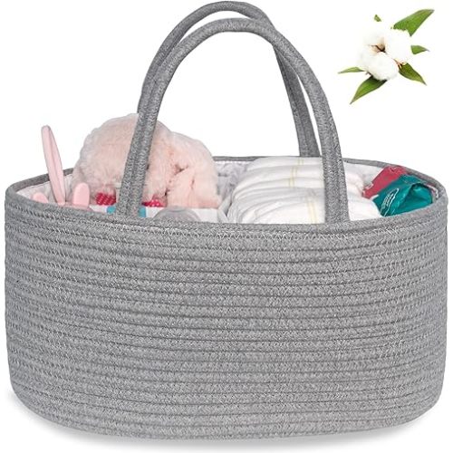 ABenkle Diaper Caddy Organizer, Rustic Boho Cotton Rope Nursery Baby Basket, Changing Table Organizer for Baby Diaper Storage, Neutral Grey