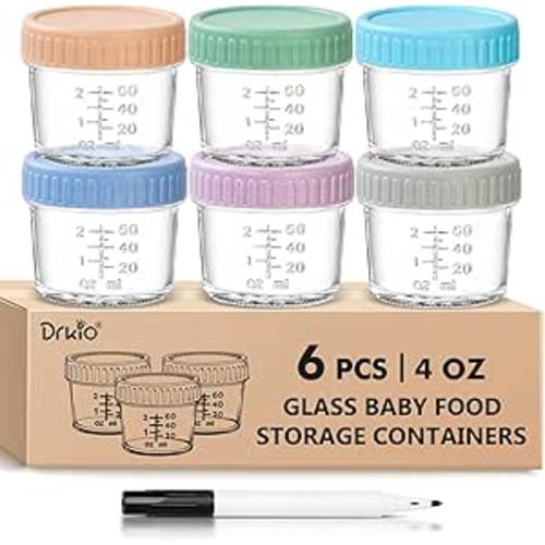 DRKIO 6 Pack Glass Baby Food Storage Containers - 4 Oz Baby Food Jars with Lids Baby Food Maker Microwave Dishwasher Freezer Safe 100% Leak Proof BPA Free Reusable