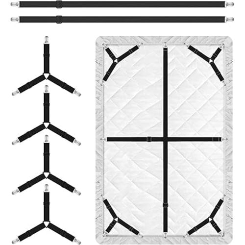 Bed Sheet Holder Straps, 4+2 Pcs Adjustable Mattress Sheet Clips, Bed Sheet Fasteners Elastic Sheet Suspenders to Keep Bed Sheet in Place for Different Beds (Black)