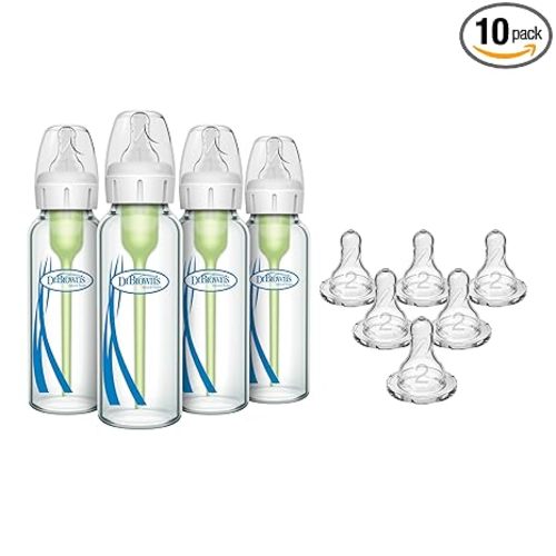 Dr. Brown's Anti-Colic Narrow Glass Baby Bottles 8 oz 4-Pack with Level 1 Nipples + Level 2 Medium Flow Narrow Silicone Nipples 6-Pack Bundle, BPA Free, 0m+ and 3m+