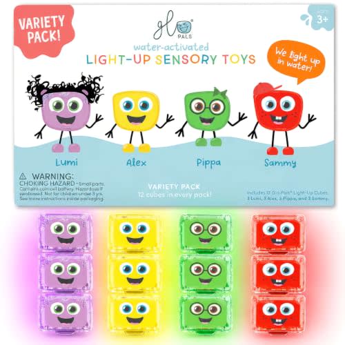 Glo Pals Water-Activated Light-Up Sensory Bath Toy Cubes for Bathtime and Sensory Play, Vibrant Light-Up Colored Cubes for Kids and Toddlers, Glows Purple, Yellow, Green, and Red, Pack of 12