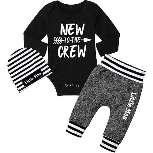 Fommy Newborn Baby Boy Clothes New to The Crew Letter Print Romper+ Pants+Hat 3PCS Outfit