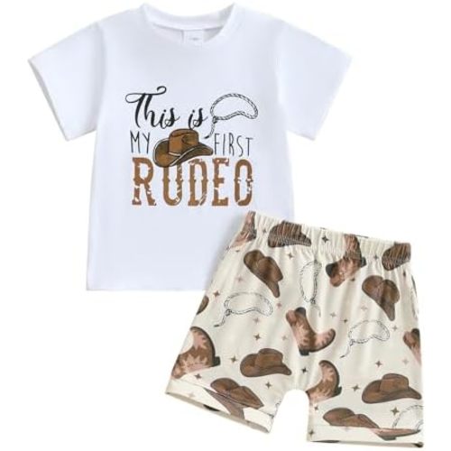 My First Rodeo Outfit Western Baby Boy Summer Clothes Short Sleeve T-Shirt and Shorts Set Toddler Cowboy Outfit Boy