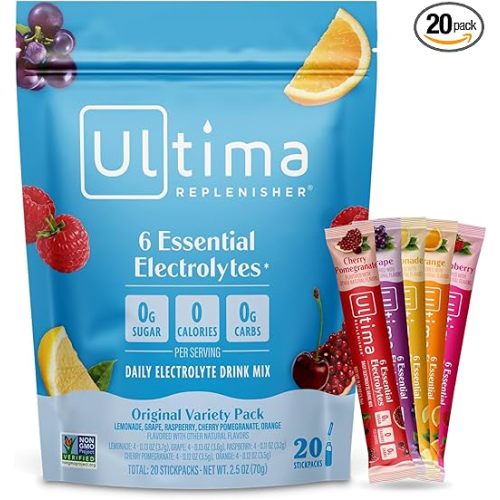 Ultima Replenisher Daily Electrolyte Powder – Original Variety Pack, 20 Stickpacks – Zero Sugar Hydration Packets with 6 Electrolytes and Minerals – Sugar Free, Plant Based & Keto Friendly Drink Mix
