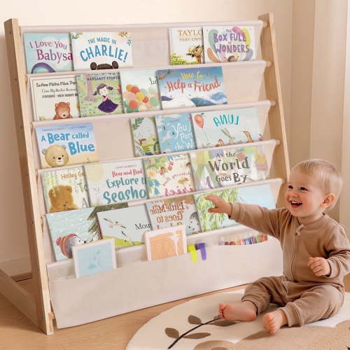 Kids Bookcases, Caveen 5 Tier Canvas Kids Bookshelf, Kids Storage Bookshelf for Kids Bedroom Playroom, Beige