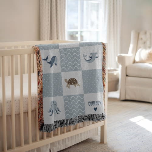 Personalized baby blanket  with name Ocean woven blanket  Sea animals nursery decor Baby shower gift for baby name blanket Newborn keepsake