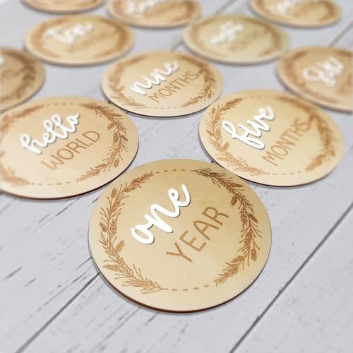 7 Pack Monthly Baby Milestone Discs – Double-Sided 3D Wooden “Hello World” Sign, 4" Signs for 1-12 Monthly Milestones & Announcement Props, Newborn Photography Keepsake Gift for Boys & Girls (White)