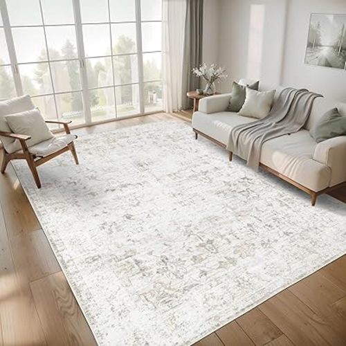 Washable 8×10 Area Rug for Living Room, Vintage Floral Rug Soft Non Slip Stain Resistant Boho Carpet for Bedroom Dinning Room Home Office Beige New