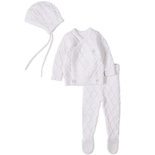 MiniMoi 3 Piece Baby Unisex "Simply Sweet" White 100% Cotton Knit Cardigan Set White 3 Months