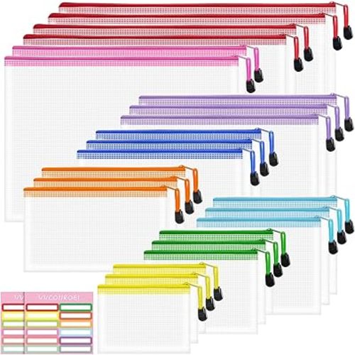 24pcs Mesh Waterproof Pouch Bags, 9 Sizes Clear Pouches, Organizer Bags with Zipper, 8 Colors for Travel & Toy Storage