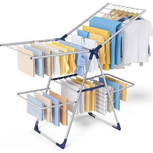 Sakugi Clothes Drying Rack, Foldable 2-Level Laundry Drying Rack with Height-Adjustable Wings, for Clothing & Bedding, Free-Standing Space-Saving Rack, Indoor & Outdoor, 55.5"L × 22.8"W, Silver Blue