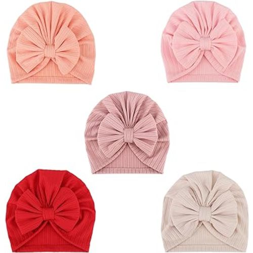 DRESHOW BQUBO 5 Pieces Newborn Baby Turban Hats Bow Baby Infant Beanie Breathable Toddler Cap for Baby Girls