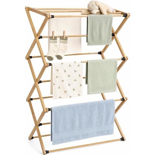 Bamboo Clothes Drying Rack, 3-Tier Tall Laundry Drying Rack