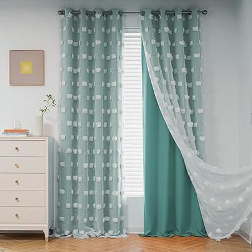 MYSKY HOME Teal Living Room Curtains Kids Curtains for Boys Bedroom 84 Inches Long Double Layer Curtains for Kids Room Darkening Grommet White Pom Pom Sheer Blackout Curtains 52 x 84 Inch 2 Panels