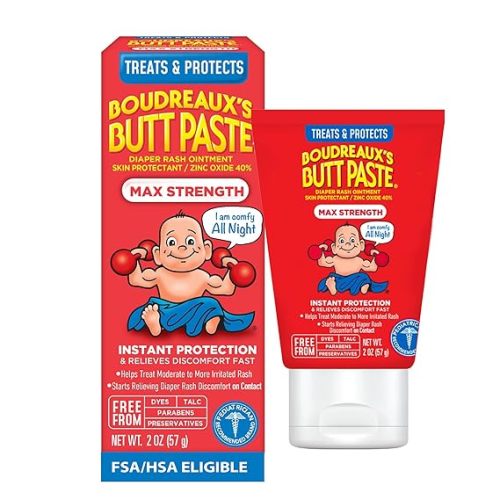 Boudreaux’s Butt Paste Max Strength Diaper Rash Cream for Baby, Ointment With Zinc Oxide, 2 oz Tube