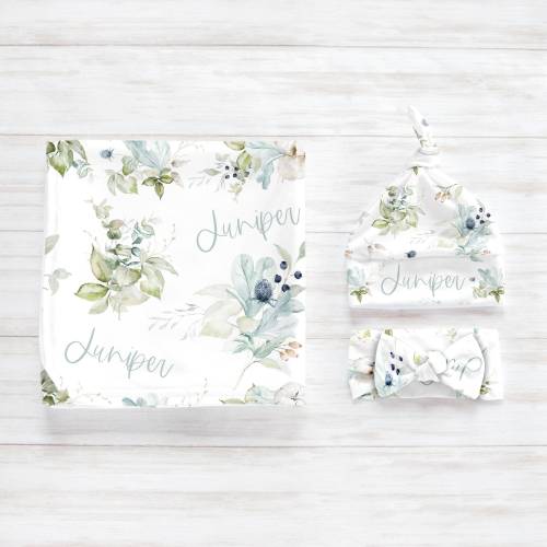 Soft Blue Green Foliage Swaddle Blanket Headband Hat Set / Personalized Baby Shower Gift / Hospital Newborn Photos Prop / Juniper Collection