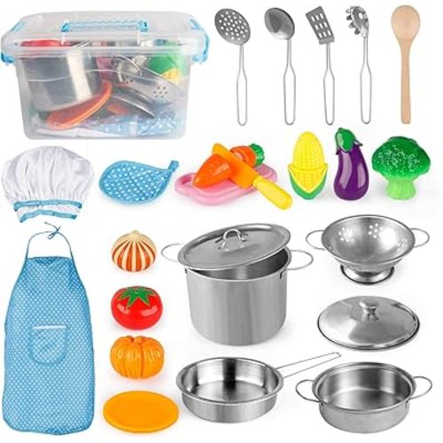 D-FantiX Play Kitchen Accessories, Kids Play Pots and Pans Playset with Mini Stainless Steel Pretend Play Cooking Toys, Cookware Utensils, Apron and Chef Hat, Cutting Food for Toddler Boys Girls