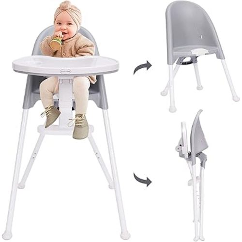 HAN-MM Foldable High Chair, One Click fold,Save Space, Detachable Double Tray, Infant Chair, Car Traveling, 3 in 1 Convertible, 3-Point Harness, Adjustable Footrest, Non-Slip Feet, Adjustable Legs