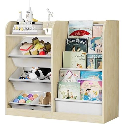 Wood Kids Bookshelf & Stuffed Animal Net Holder Plush Toy Storage Organizer Child Bookcase Toddler Baby Sling Book Rack for Playroom Bedroom Nursery Infant Boys Girls (Natural Wood+Plastic)