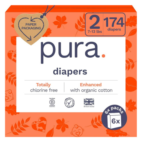 Pura Hypoallergenic Diapers Size 2 (7-13 lbs) Monthly Pack, Totally Chlorine Free, Wetness Indicator, Suitable for Sensitive Skin, Soft Organic Cotton Comfort, Overnight, 6 Packs of 29 (174 Diapers)