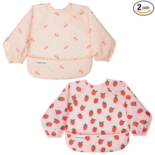 Tiny Twinkle Long Sleeve Bib for Babies&Toddlers|2-Pack Waterproof Smock Bib for Eating|Machine Washable&Mess-Proof Feeding Essentials|Newborn Shower Gift(Cherry Coquette,Strawberries,6-24M)