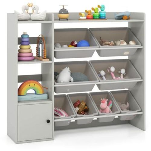 Costway Kids Toy Storage and Bookshelf, Wooden Bookcase with 4 Small Boxes & 4 Large Boxes Gray