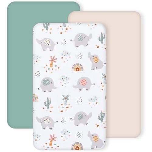 3 Pack Stretchy Bassinet Sheets - Universal Fit for Rectangle, Round, Oval, Hourglass Cradles & Moses Baskets - Soft Breathable Fitted Bassinet Sheets Set for Baby Boy Girl - Mint Green & Elephant