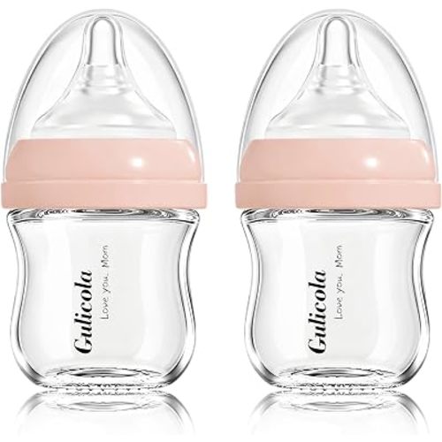 Gulicola Small Glass Baby Bottle for Newborn Breastfeeding Babies, Preemie & Extra Slow Flow Nipples (SS), Anti-Colic, Breast-Like, 0 Months+, 3 oz, 2 Pack - Pink