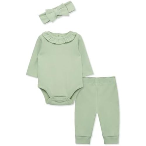 Little Me Simply Essential Solids Clothes for Baby Girls' Bodysuit, Pant, and Headband Set, 3 Months to 12 Months