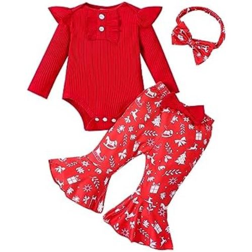 Kislio Newborn Baby Girls Clothes Ribbed Ruffled Romper+Floral Pants+Headband Infant Outfit Set