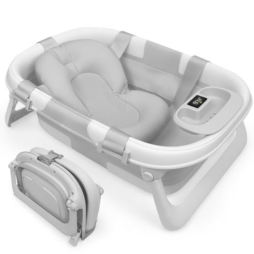 Jool Baby Fold ‘n Store Baby Bathtub – 3 Stage Collapsible Bather for Easy Storage, Portable for Travel – Built-in Thermometer (Gray)