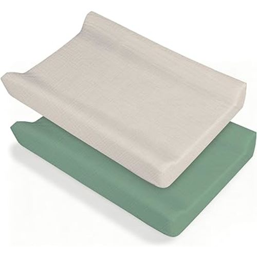 Changing Pad Cover, 2 Pcs Super Soft and Breathable Cotton Diaper Pad Cover for Girls and Boys Changing Table Cover (Beige,Green)