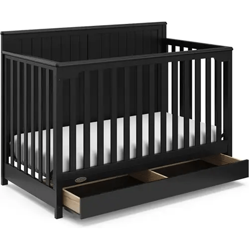 Graco Hadley 5-in-1 Convertible Crib with Drawer (Black) – Combo, Includes Full-Size Nursery Storage, Converts from Baby Crib to Toddler Bed, Daybed