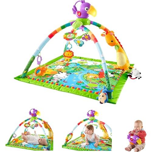 Fisher-Price Baby Playmat 3-in-1 Rainforest Sensory Gym with Music & Lights, Tummy Wedge & 5 Developmental Toys for Newborns 0+ Months