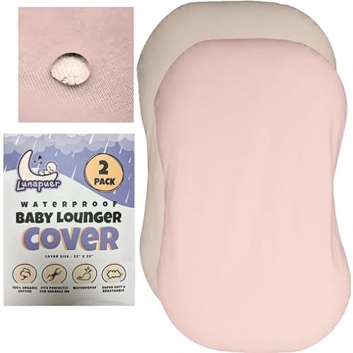 100% Waterproof Baby Lounger Cover - 2-Ply Organic Cotton Slipcovers Keep Your Lounger Clean & Your Baby Comfy - Machine Washable - (Lounger Not Included) - 2-Pack Includes Cream & Peach